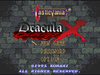 Akumajou Dracula XX title screen for Super Famicom